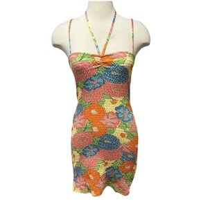Zara Retro Floral Bodycon Dress Womens S Colorful Smocked 70s Beach Club Resort